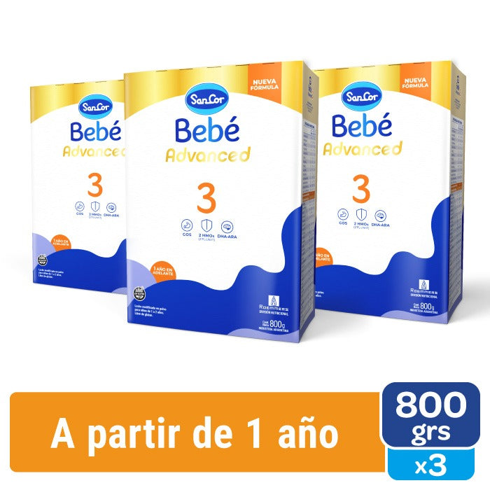 Leche Sancor Bebé Advanced 3 Estuche 800grs Kit X3 Sin Sabor