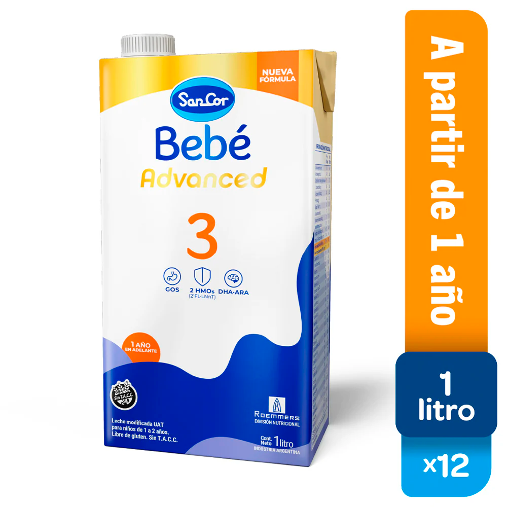Sancor Bebé 3 Advanced - 1 Litro X 12 Unidades - Nueva Fórmula