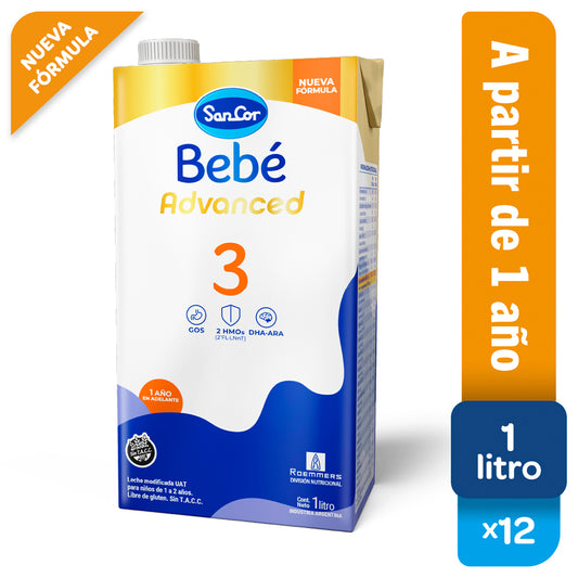 Sancor Bebé 3 Advanced - 1 Litro X 12 Unidades - Nueva Fórmula